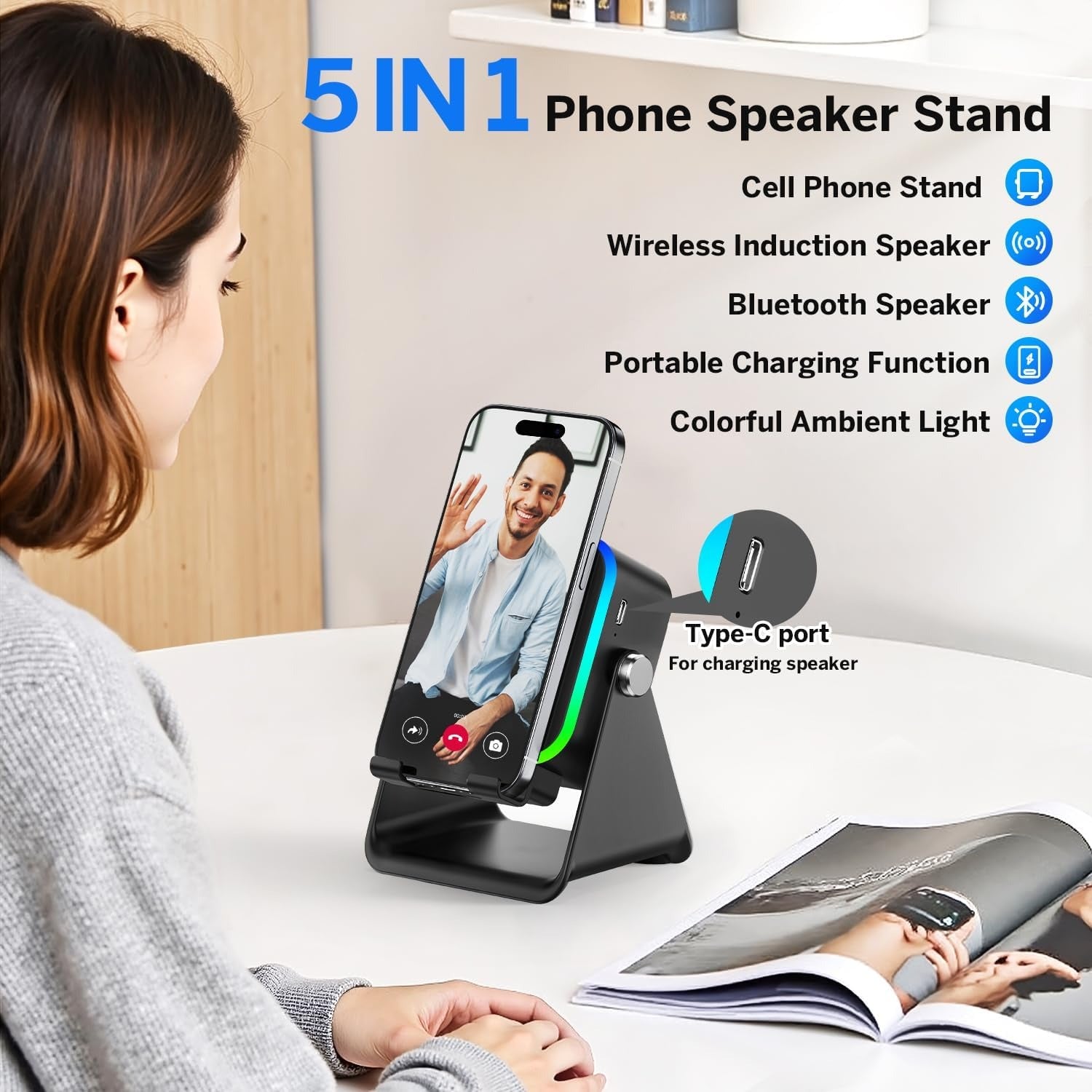 Wireless Induction Speaker 5-in-1 Bluetooth Speaker with Phone Stand,Stereo Sound