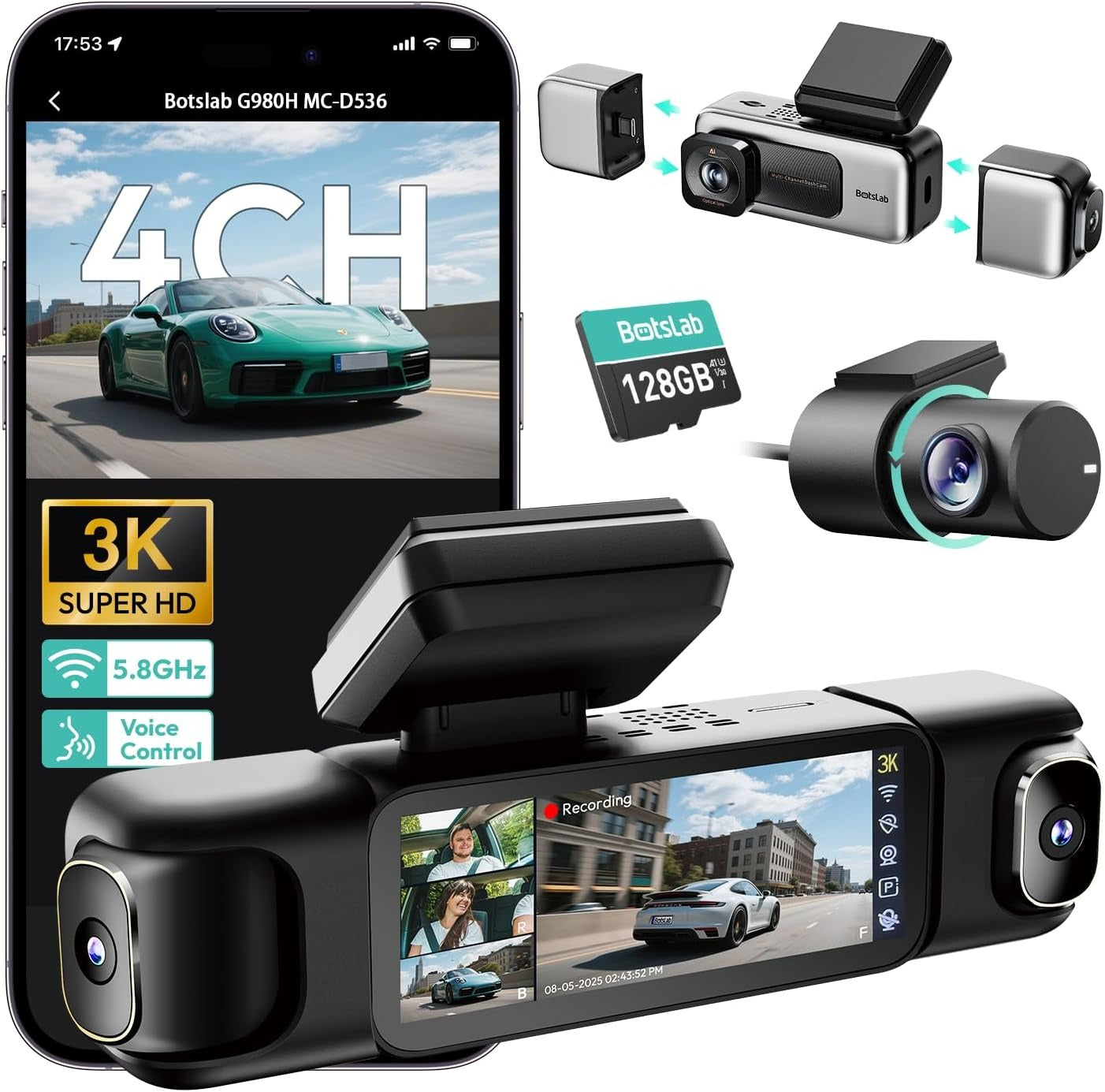 BOTSLAB 3K 4 Channel Dash Cam, 560° All-Sides View
