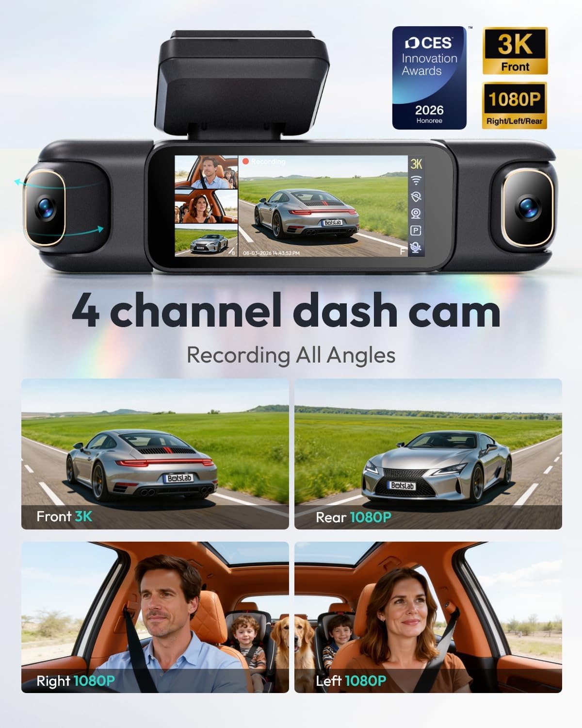BOTSLAB 3K 4 Channel Dash Cam, 560° All-Sides View